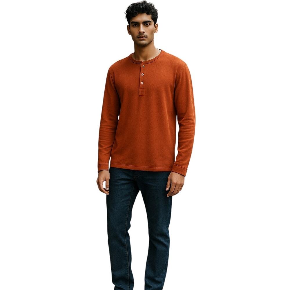 White Sierra Henley Shirt Men's Size L Rust Green Waffle Knit Long Sleeve